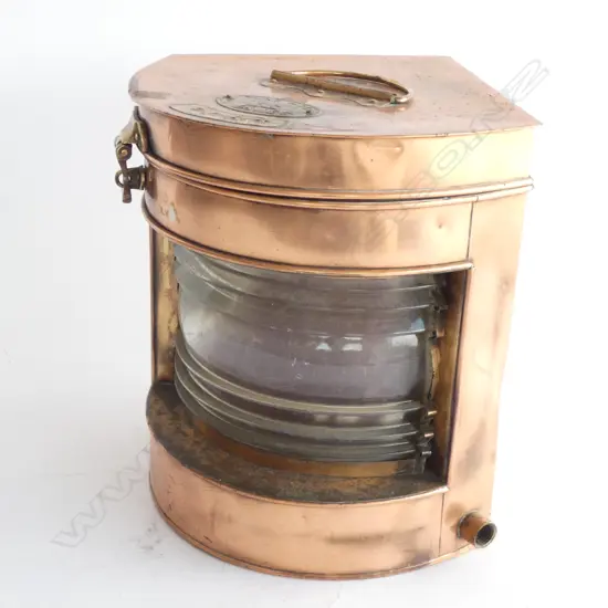 COPPER & BRASS SHIP’S ‘PORT’ LAMP (RED GLASS BEHIND FRESNEL LENS), BY TUNG WOO HONG KONG. H.270mm