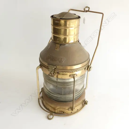 BRASS SHIP’S MASTHEAD ‘ANCHOR’ LAMP w KEROSINE LANTERN. H.480mm (EXCL HANGERS)