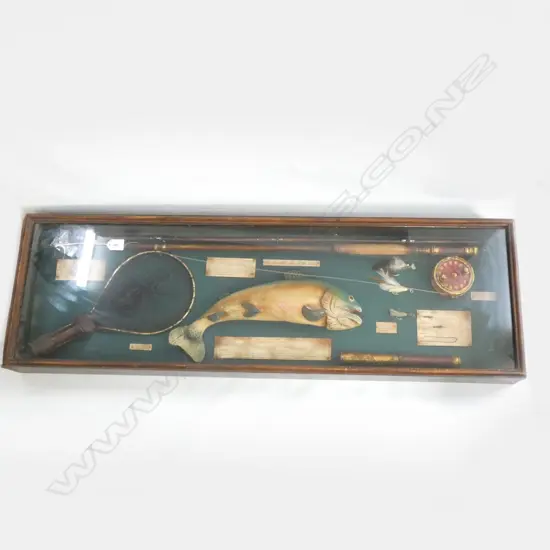 CASED ANTIQUE STYLE TROUT WITH ASSOCIATED FISHING ITEMS L 1080 MM