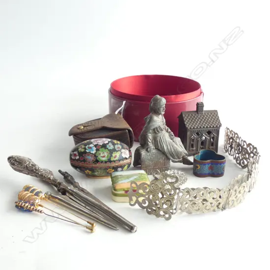 RED BOX ASST. CLOISONNE, LEATHER POUCH, CAST IRON MONEY HOUSE ETC