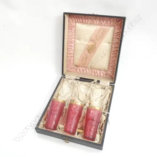 3 ANTIQUE ETCHED CRANBERRY GLASSES BOHEMIAN GLASSWORKS ORIGINAL BOX