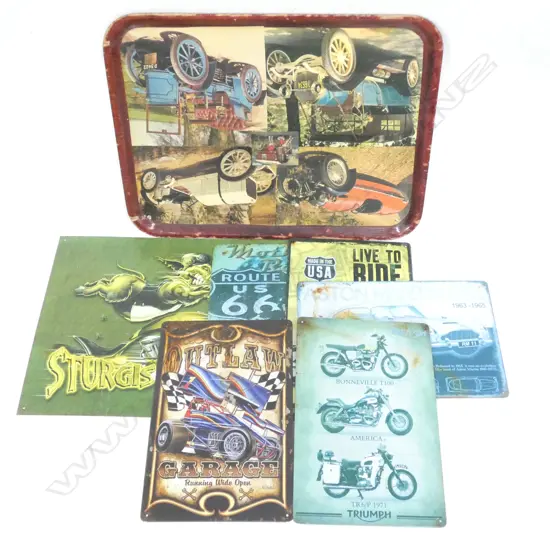 TRAY & 6 VINTAGE STYLE METAL SIGNS 