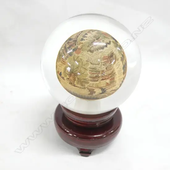 REVERSE HAND PAINTED CHINESE GLASS BALL ON STAND, BOXED 
