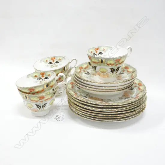 ART NOUVEAU TEA SET; 5 CUPS, 5 SAUCERS, 9 SIDE PLATES