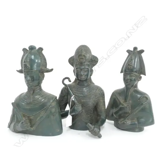 3 BRONZE EGYPTIAN PHAROH BUST FIGURES H.280mm