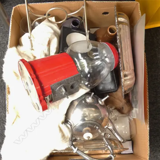 BOX LOT ASST. EPNS, RED GUMBALL CANDY DISPENSER, FUR, ETC 