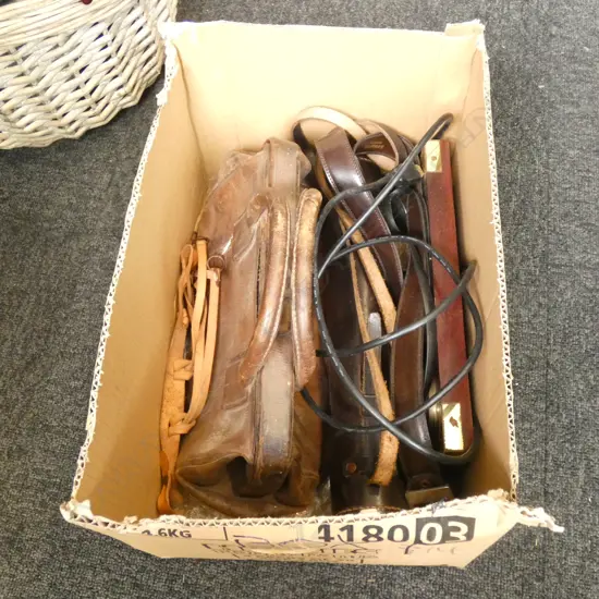 BOX LOTS MISC LEATHER ITEMS + BAROMETER