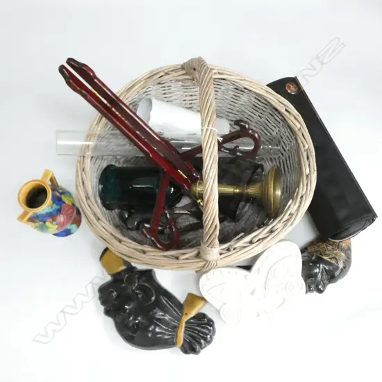 BASKET OF ASST. ITEMS; CERAMICS, GHD, GLASS ETC