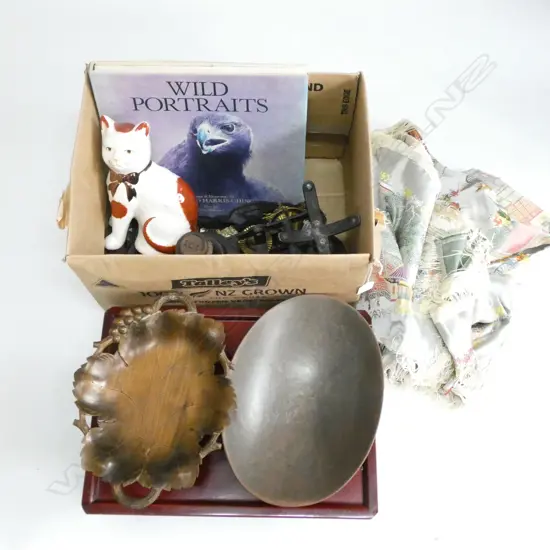 BOX LOT SALTER SCALES & WEIGHTS, BIRD BOOK, MUSICAL WOODEN BOWL ETC