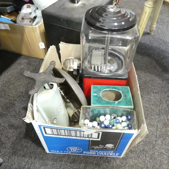 BOX LOT SALTER SCALES, VASES ETC