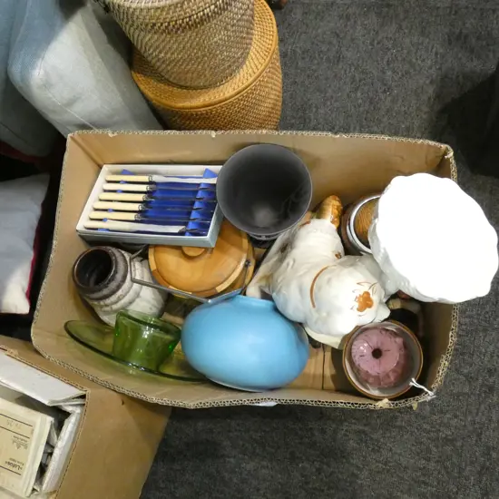 GOOD BOX LOT WEST GERMAN VASES, 6 CASED 'BONE' KNIVES, STAFF. DOG, ART GLASS ETC 
