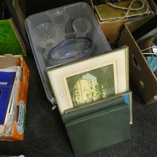 BOX LOT ARTWORKS, PLACEMATS, CRYSTAL ETC