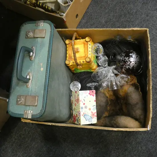 BOX LOT ASST. SHERRY GLASSES, FUR HAT, PURSE, CASED PICNIC SET ETC