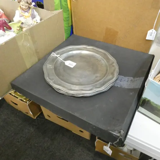4 OLD PEWTER PLATES (DIA 230MM) + 1 BOXED ROSENTHAL PEWTER PLATE (DIA 285MM)