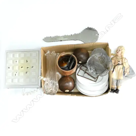 BOX LOT VINTAGE CRESTED PLATES, GLASS, DOLL, BALLS ETC