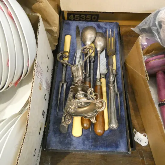 CASED 'BONE' HANDLED CARVING SET + ASST. EP SERVERS