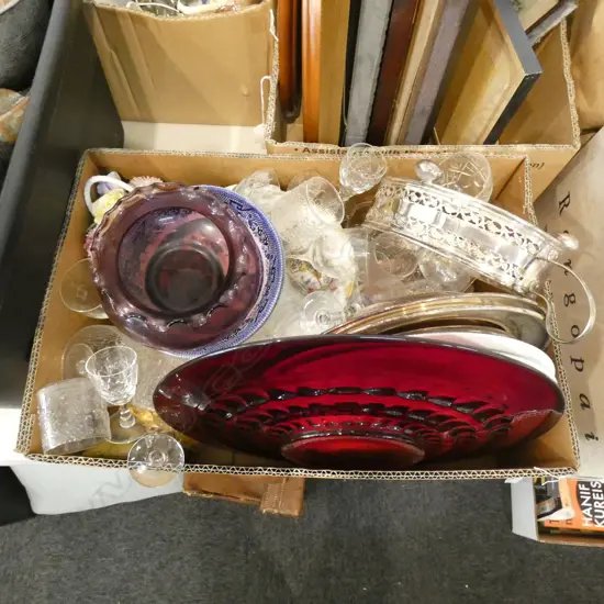 BOX LOT CRYSTAL GLASSES, PLATES, EP, RED GLASS PLATE ETC