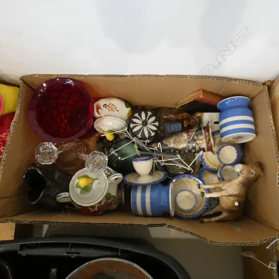 BOX LOT ASST. GLASS & CERAMICS; CORNISHWARE, WEDGWOOD, BELLE FIORI ETC