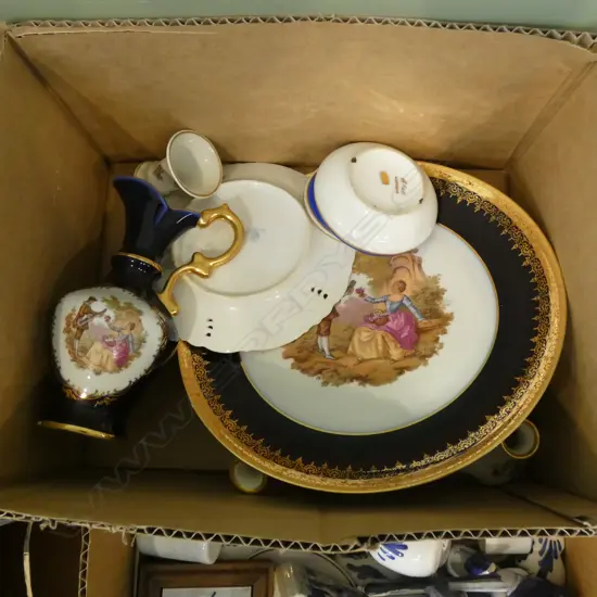 SM BOX LOT LIMOGES; PLATES / VASES / JUGS / WALL PLAQUE & MINIATURE ITEMS