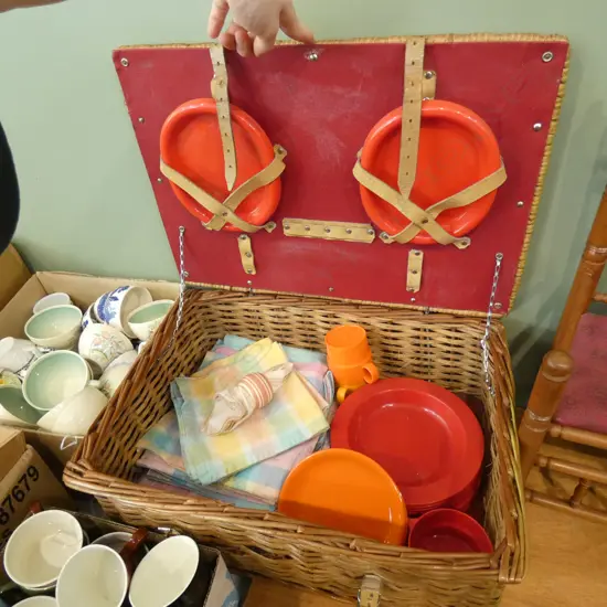 LG CANE PICNIC BASKET WITH SOME CONTENTS 