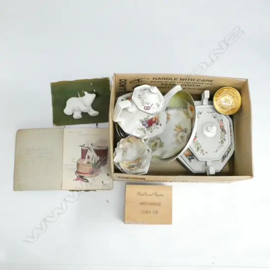 BOX LOT ASST. CERAMICS; JOHNSON BROS., CASED MARBLE POLAR BEAR, 1918 AUTOGRAPH BOOK