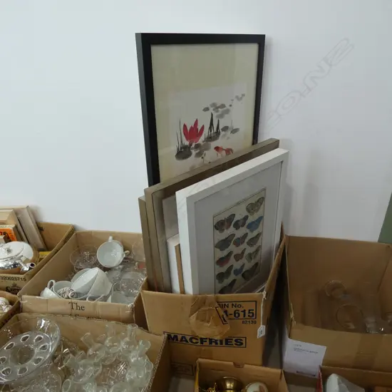 BOX LOT 5 ARTWORKS; PR BUTTERLY PRINTS, FISH W/C, PR FLOWER PRINTS