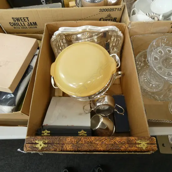 BOX LOT ASST. SILVER PLATE, CASED CUTLERY ETC