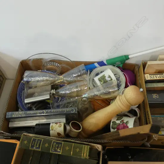 BOX LOT ASST B/W CHINA, CHAMPAGNE FLUTES, GLASS, BOOKS ETC
