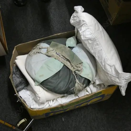 BOXES OF CUSHIONS AND HANDBAGS