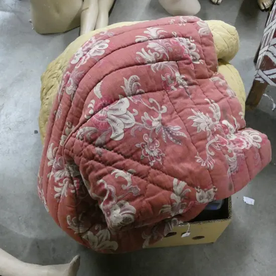 BOX OF CURTAINS AND VINTAGE EIDERDOWN