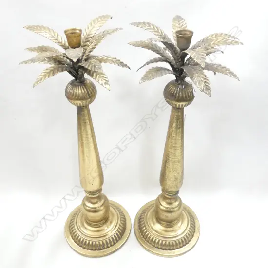 LARGE PR OF AMERICAN HOLLYWOOD REGENCY PALM TREE CANDLESTICKS H. 560 MM