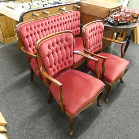 BURGANDY VELVET SOFA & PR CHAIRS 