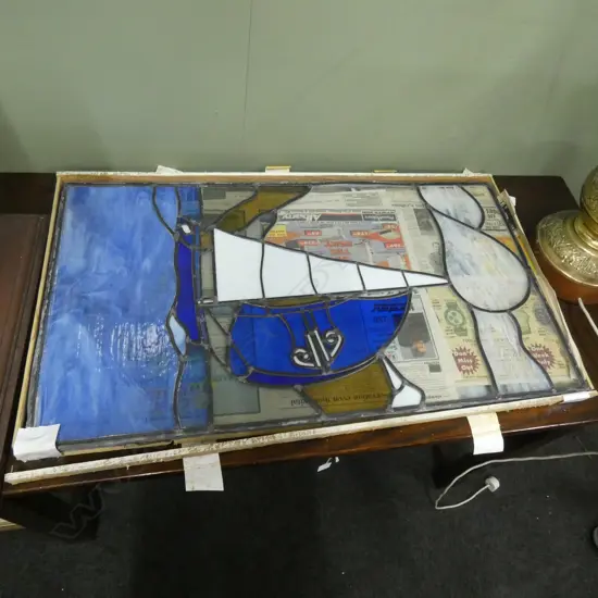 LEAD LIGHT WINDOWS AUCKLAND HARBOUR SCENE 810x460mm