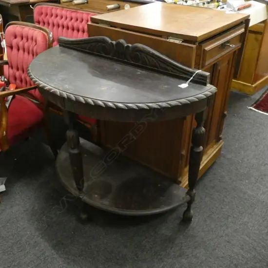 DARK STAINED OAK DEMILUNE TABE...