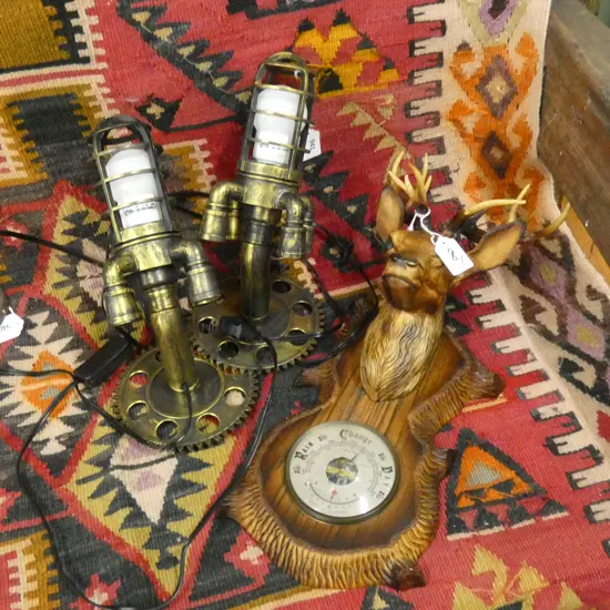 PR STEAMPUNK PLASTIC ROCKET LAMPS H.240mm + PLASTIC DEER HEAD BAROMETER