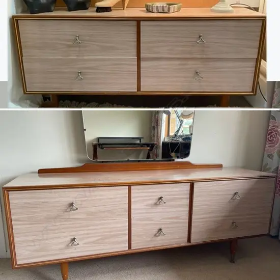 MID CENTURY FORMICA 2 PIECE BEDROOM SUITE. Dressing table with mirror (one leg loose) 1480 x 400 x 560mm. With a chest of drawers of two over two drawers