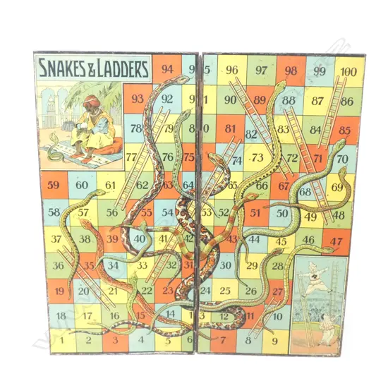 OLD FOLDING TIN PLATE SNAKES & LADDERS BOARD GAME. 280 X 280MM