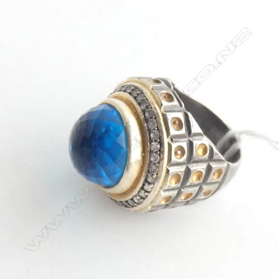 TURKISH OTTOMAN STYLE SS DRESS RING WITH CZ & BLUE STONE SIZE L