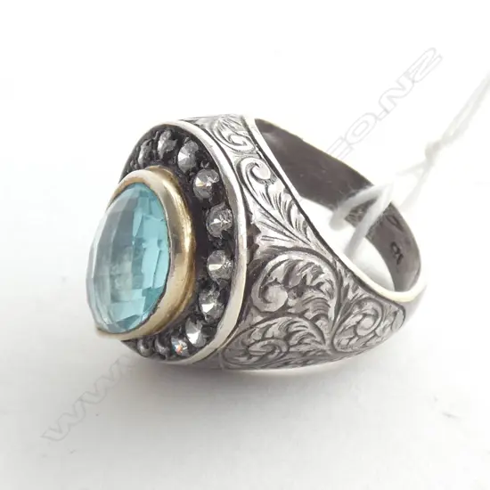  TURKISH OTTOMAN STYLE SS DRESS RING WITH CZ & BLUE STONE SIZE O
