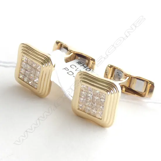 Pair of 18ct yellow gold and diamond square cufflinks,