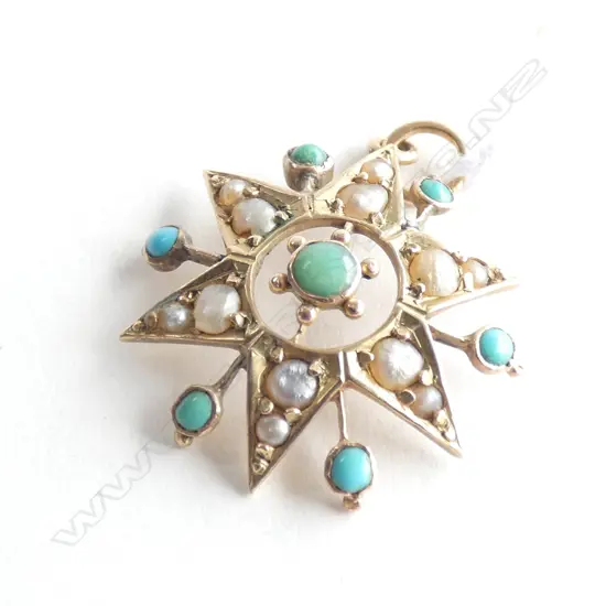 (19190) EDW. 15CT GOLD STAR BURST PENDANT TURQUOISE & PEARL
