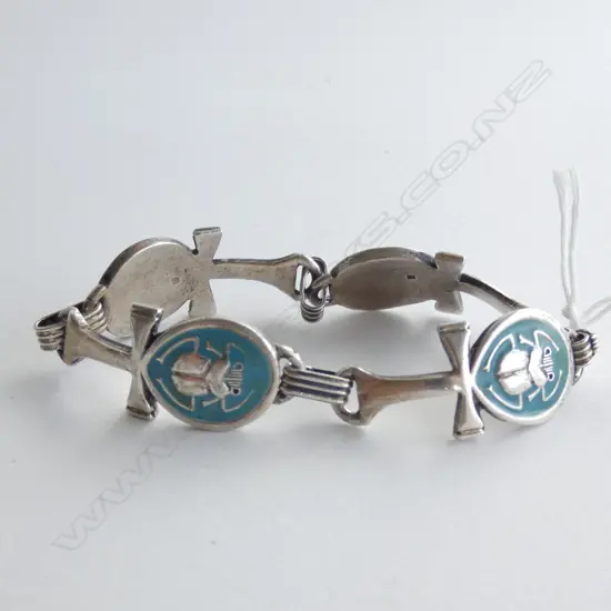 SILVER & BLUE ENAMEL EGYPTIAN ANKH SCARAB BRACELET