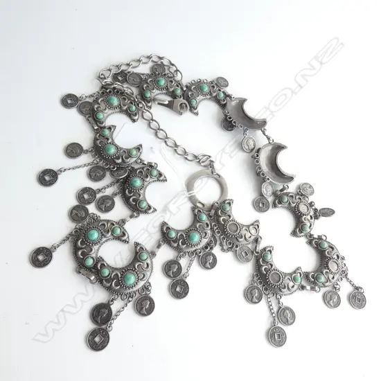 METAL CHAIN BELT; CRESCENT MOONS SET WITH BLUE STONES & SMALL OLD COINS ....