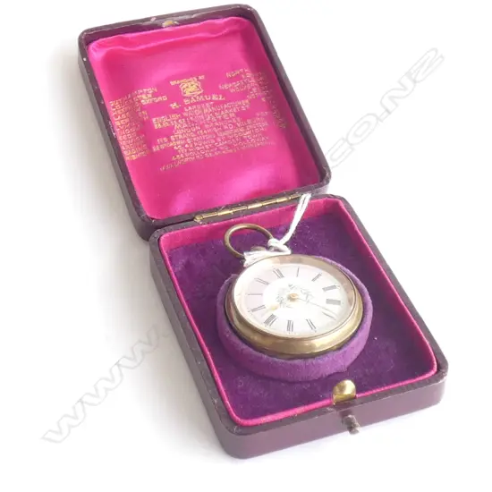 VINTAGE LADIES POCKET WATCH - GOLD PLATE / PINK ENAMEL FACE -  IN ORIGINAL BOX