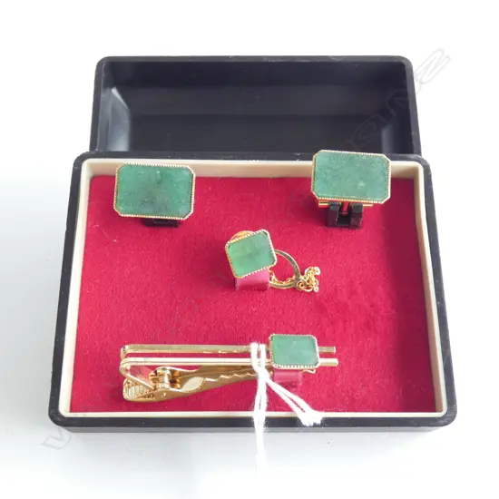 GREEN JADE CUFFLINKS, NECKTIE PIN AND CLASP.