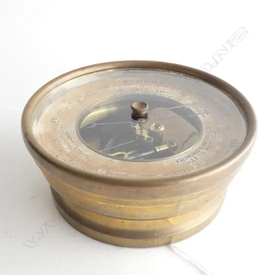 C1910 BRASS CASE BAROMETER - TASMANIAN RETAILER  DIA. 130MM