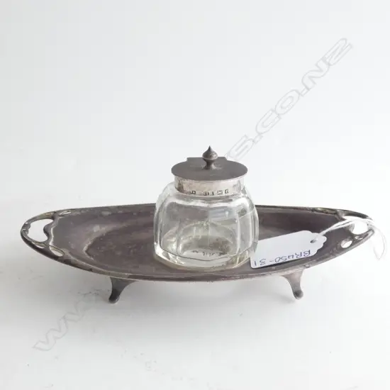 (19986) VINTAGE STG SILVER & GLASS INKWELL - BIRMINGHAM 19... TRAY / LID & COLLAR STG SILVER - NEEDS A GOOD CLEAN