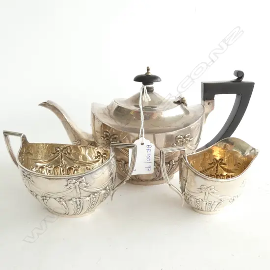 STG SILVER BACHELORS TEAPOT, MILK & SUGAR B'HAM 1911 393 GRAMS TOTAL