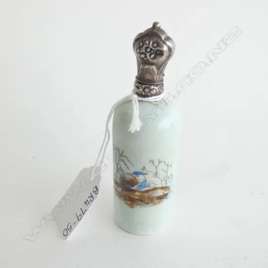 SM HAND PAINTED  BOTTLE - STG SILVER COLLAR & LID H. 100MM