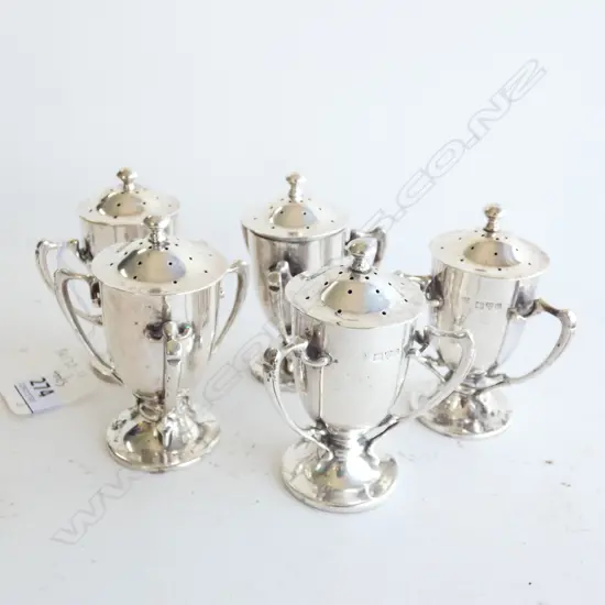 SET 5 ART NOUVEAU SILVER SALTS, by CHAS DEAKIN & SONS, CHESTER 1907. 340gm